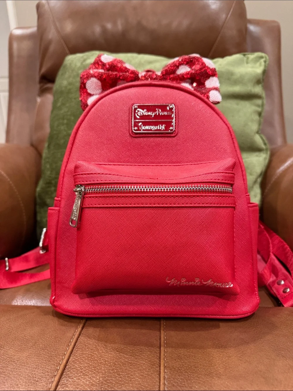 Disney Parks Loungefly Red Minnie Sequin Bow Backpack and Matching Wallet